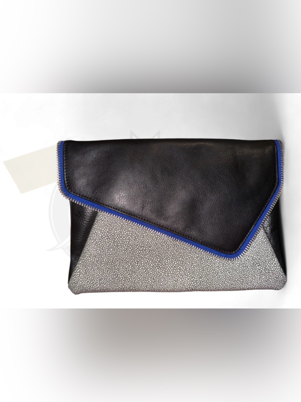 Halogen Black and Gray Envelope Clutch with Blue Trim